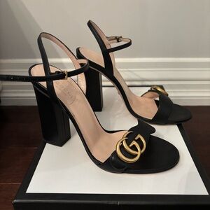 Gucci Marmont Leather Black and Gold Women's Slingback Heeled Sandals